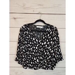 Astr The Label Women Black Dalmatian Print V-Neck 3/4 Sleeve Wrap Blouse Size XL